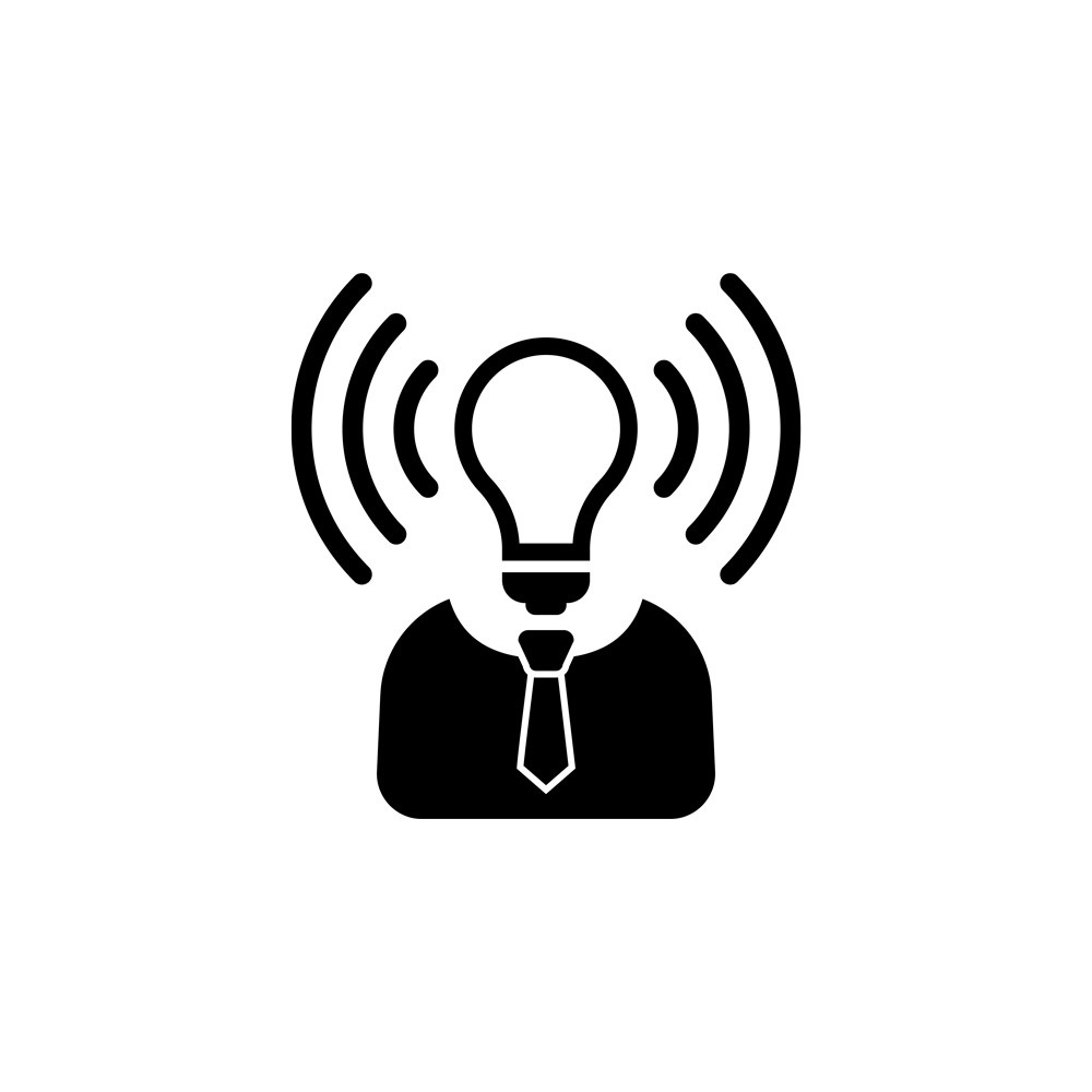 icon of a person wearing a tie with a powered on light bulb for a head