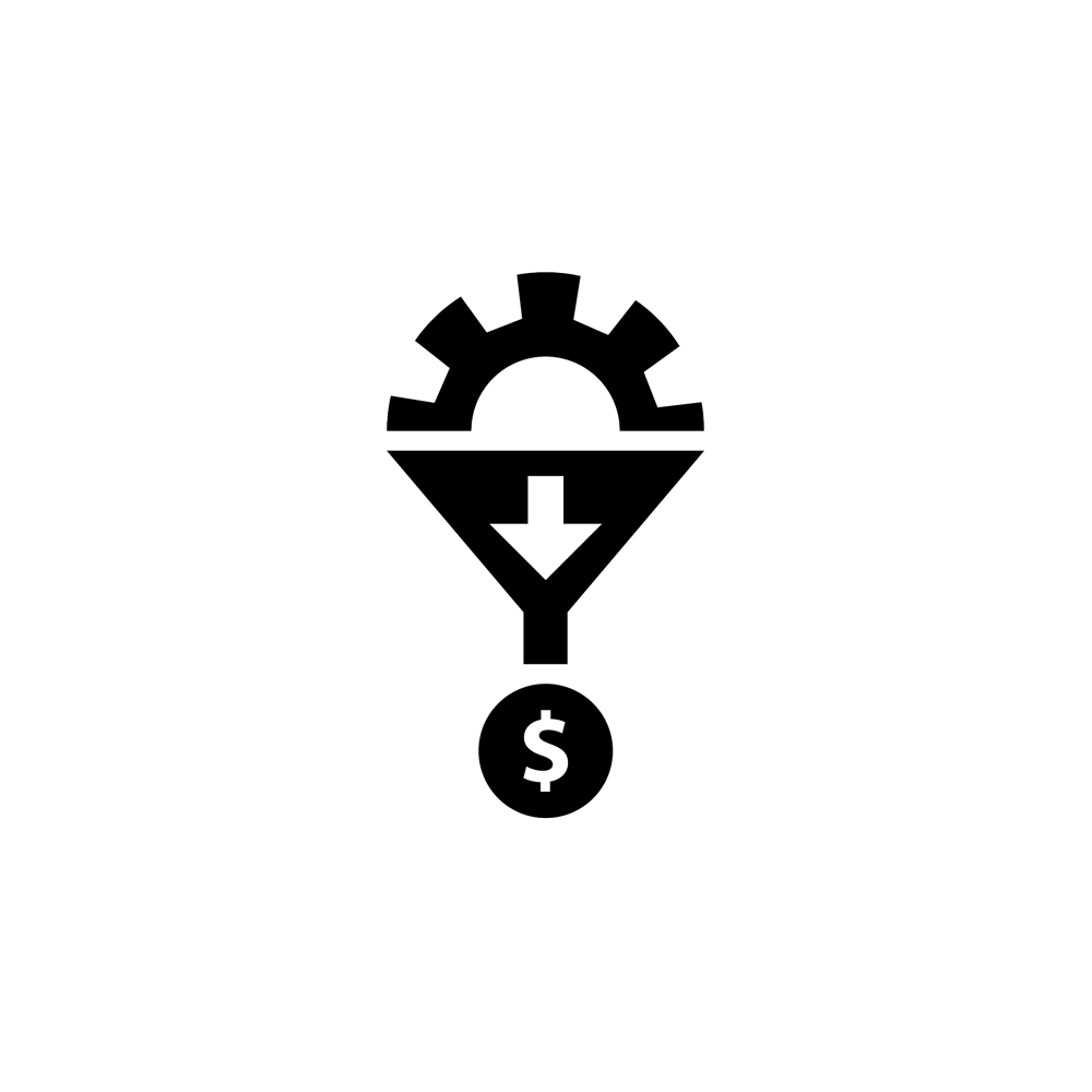 icon of a funnel with a directional arrow depicting the conversion of work to money