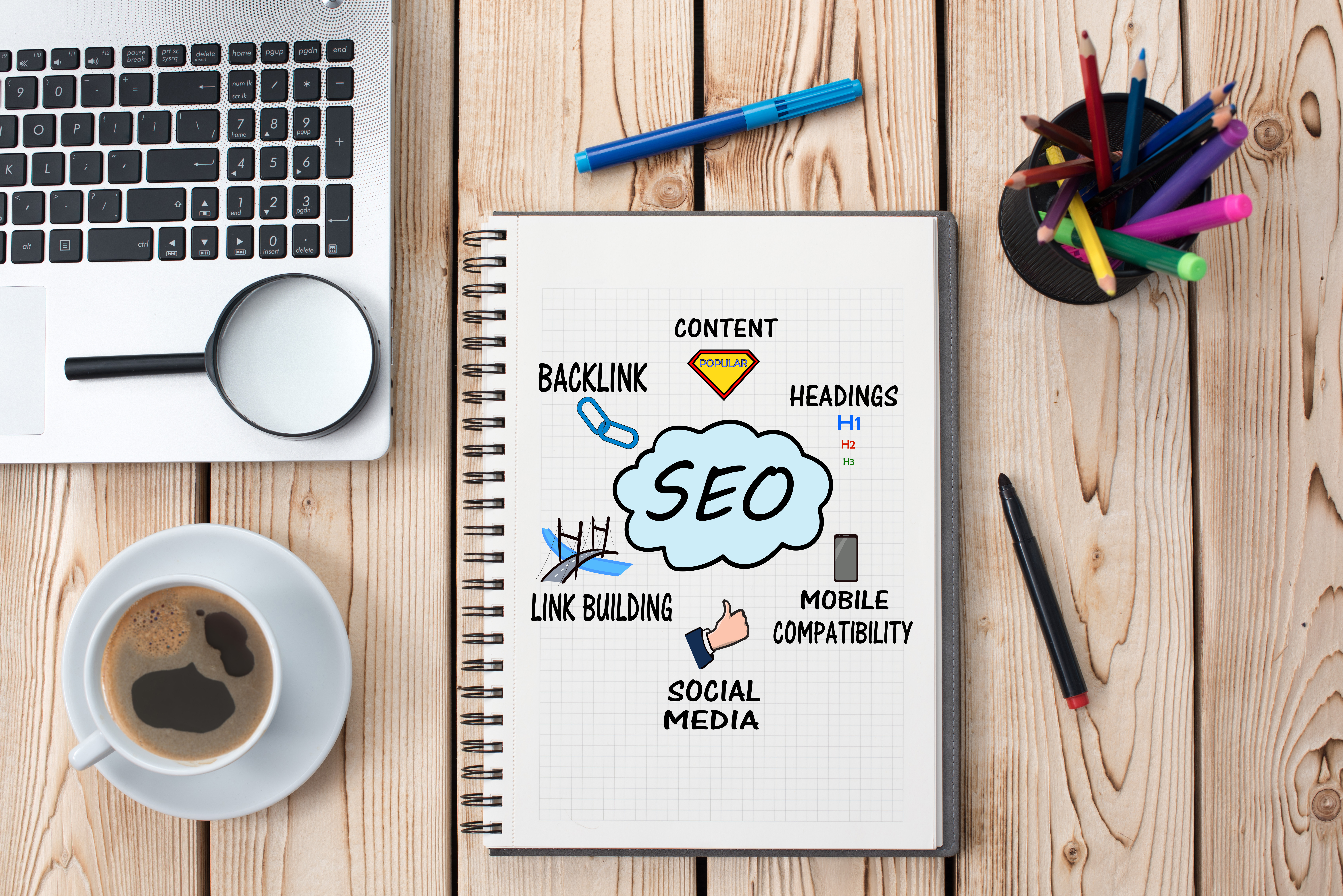 notebook titled SEO with Content, Heading, Mobile Compatability, Social Media, Link Building and Backlink